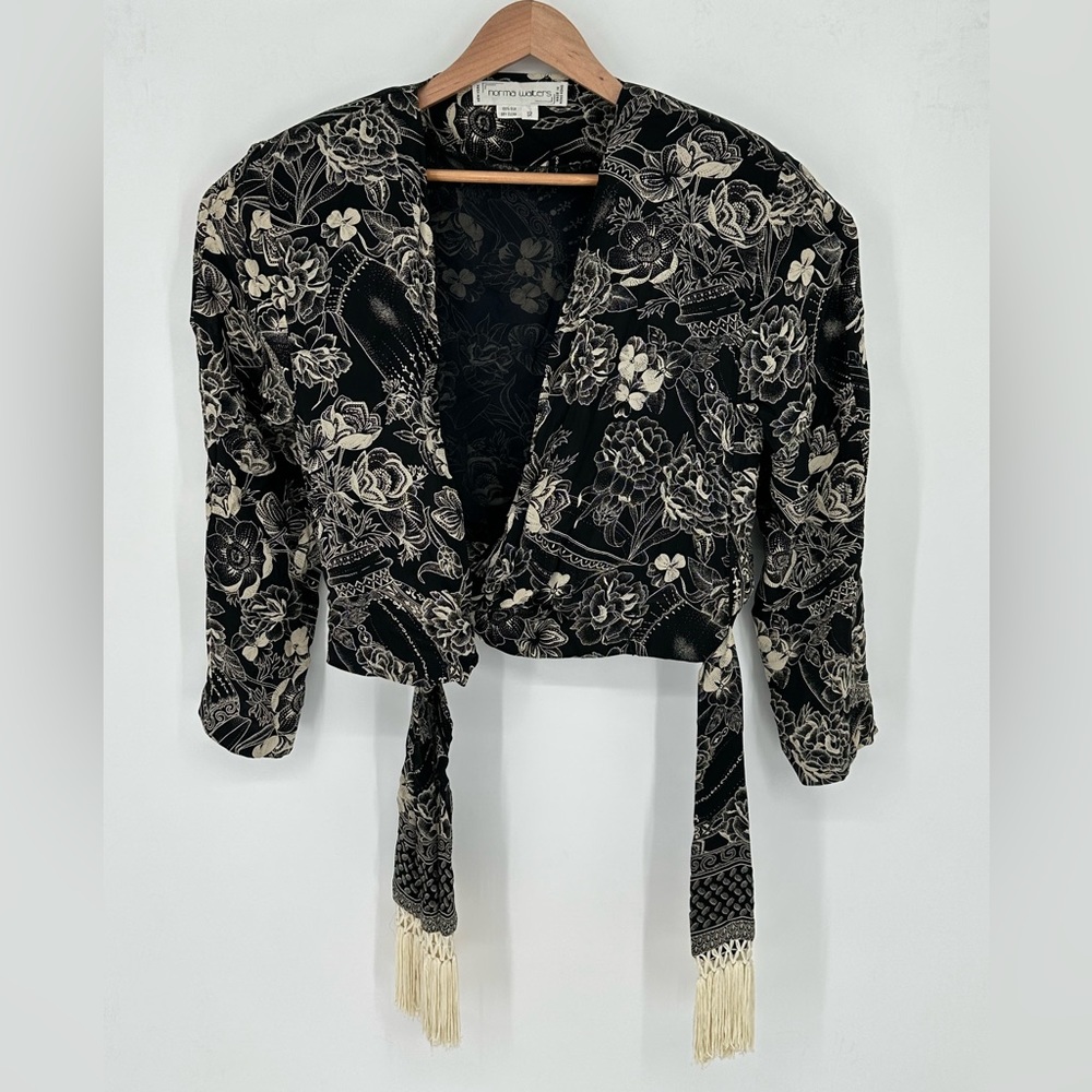 Norma Walters Vintage Black/Tan Floral 100% Silk Cropped Wrap Top Blouse Sz 12